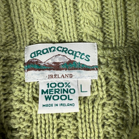 Vintage Aran Crafts Cable Knit Sweater Size Large Green Cardigan Merino Wool - Picture 4 of 8